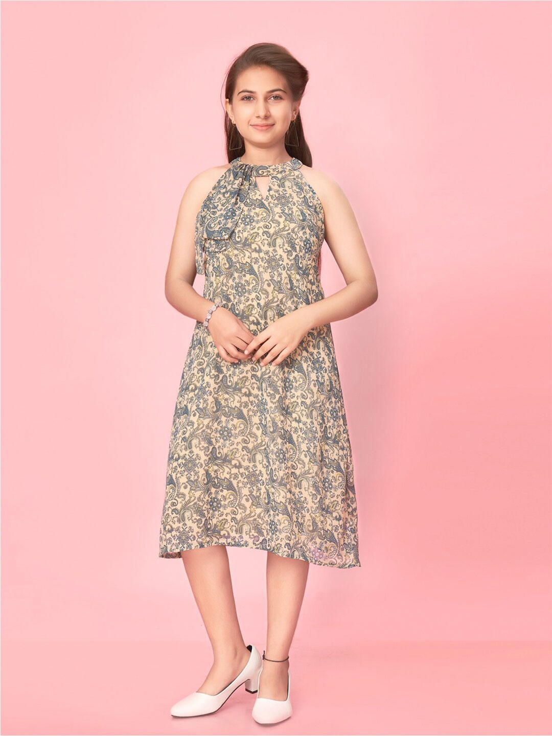 

Muhuratam Girls Ethnic Motifs Printed Georgette A-Line Midi Dress, Beige