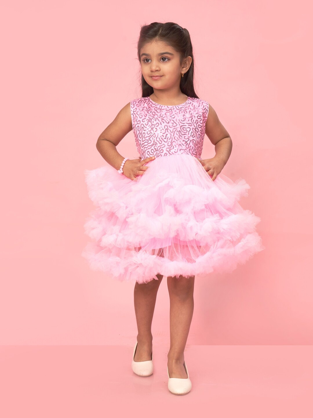 

Muhuratam Girls Embellished Ruffled Fit & Flare Dress, Pink