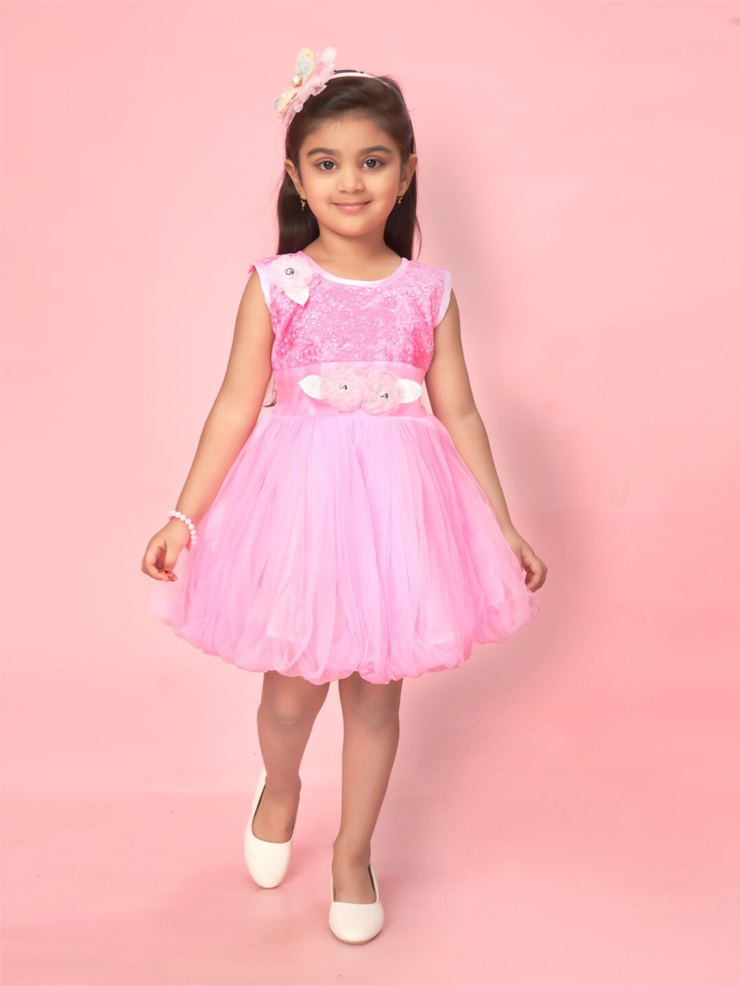 

Muhuratam Girls Embroidery Net Fit & Flare Dress, Pink