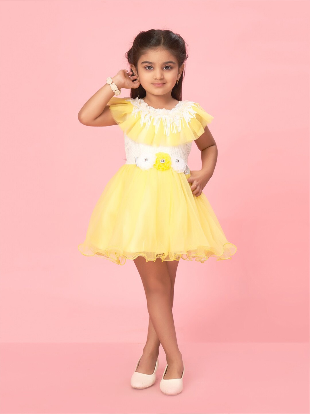 

Muhuratam Girls Embellished Ruffled Net Fit and Flare Dress, Yellow