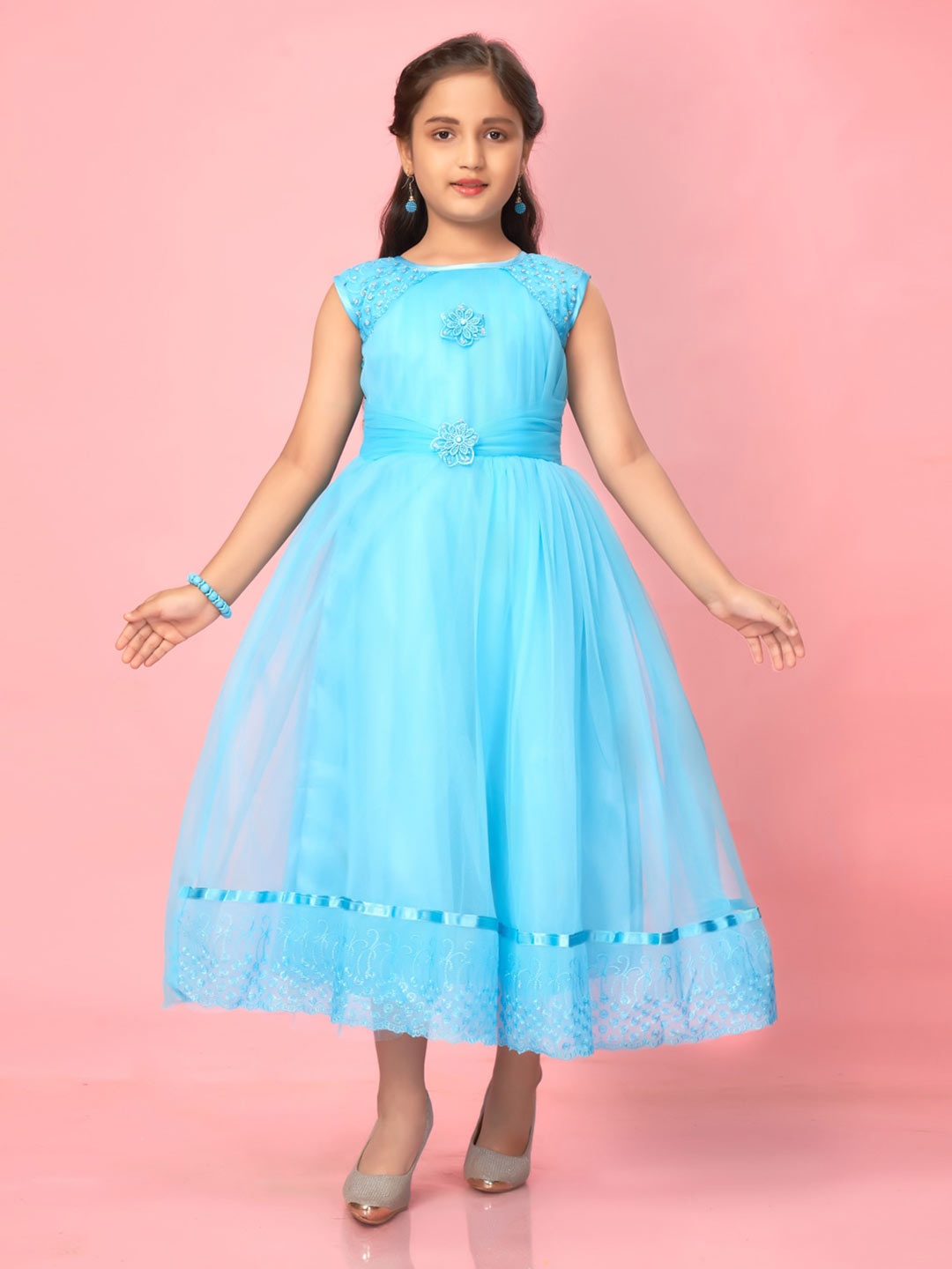 

Muhuratam Girls Embellished Gathered Net Gown, Blue