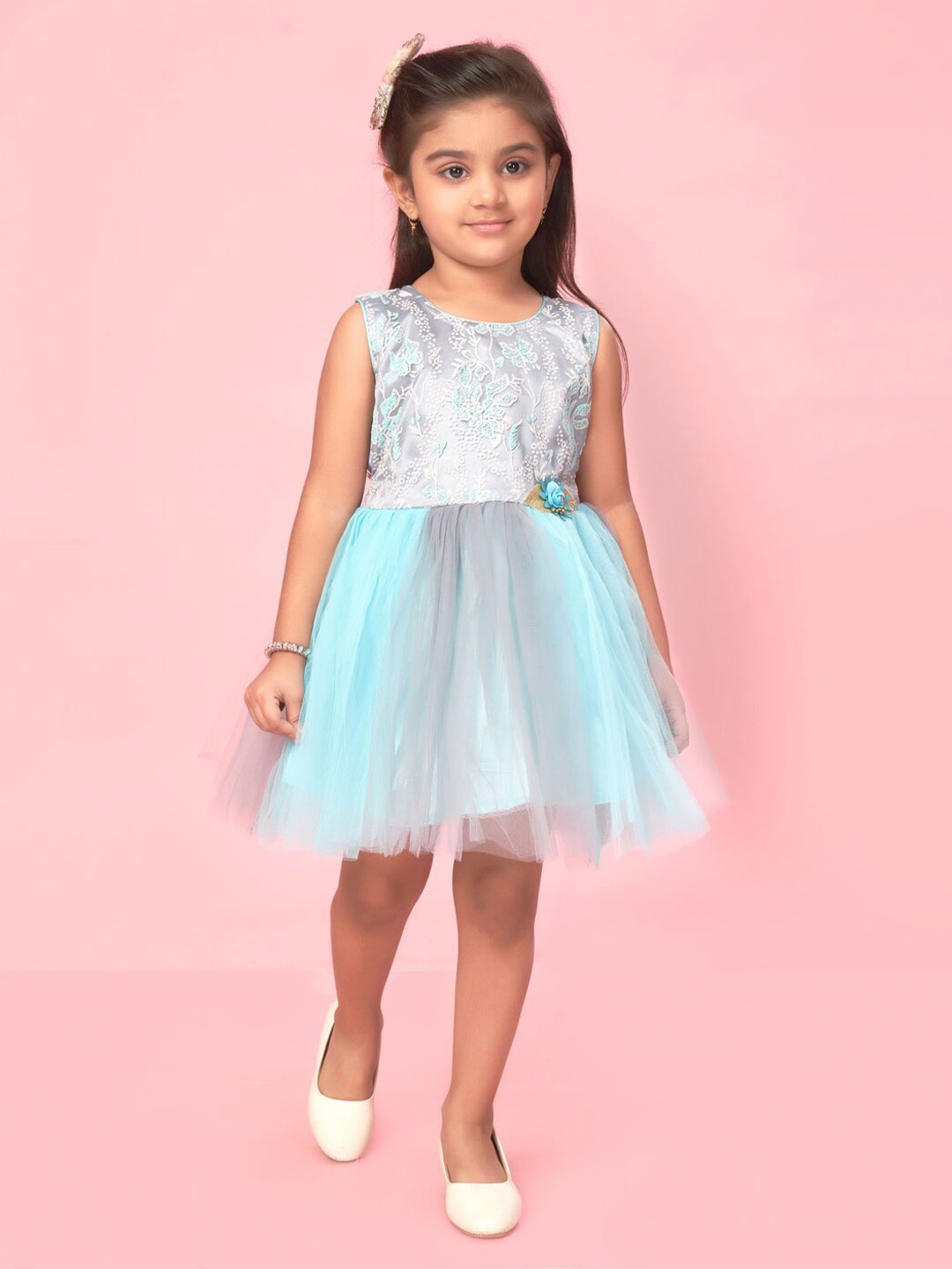 

Muhuratam Girls Floral Embroidered Gathered Net Fit and Flare Dress, Blue