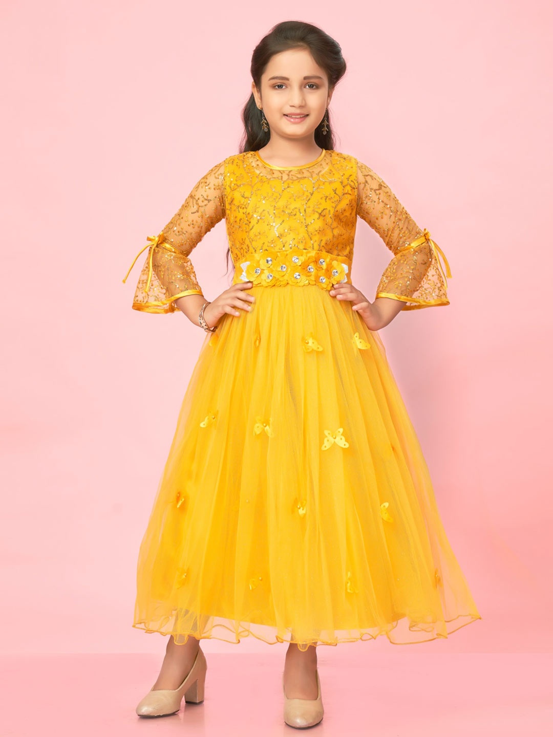 

Muhuratam Girls Embroidered Bell Sleeve Net Fit and Flare Dress, Yellow