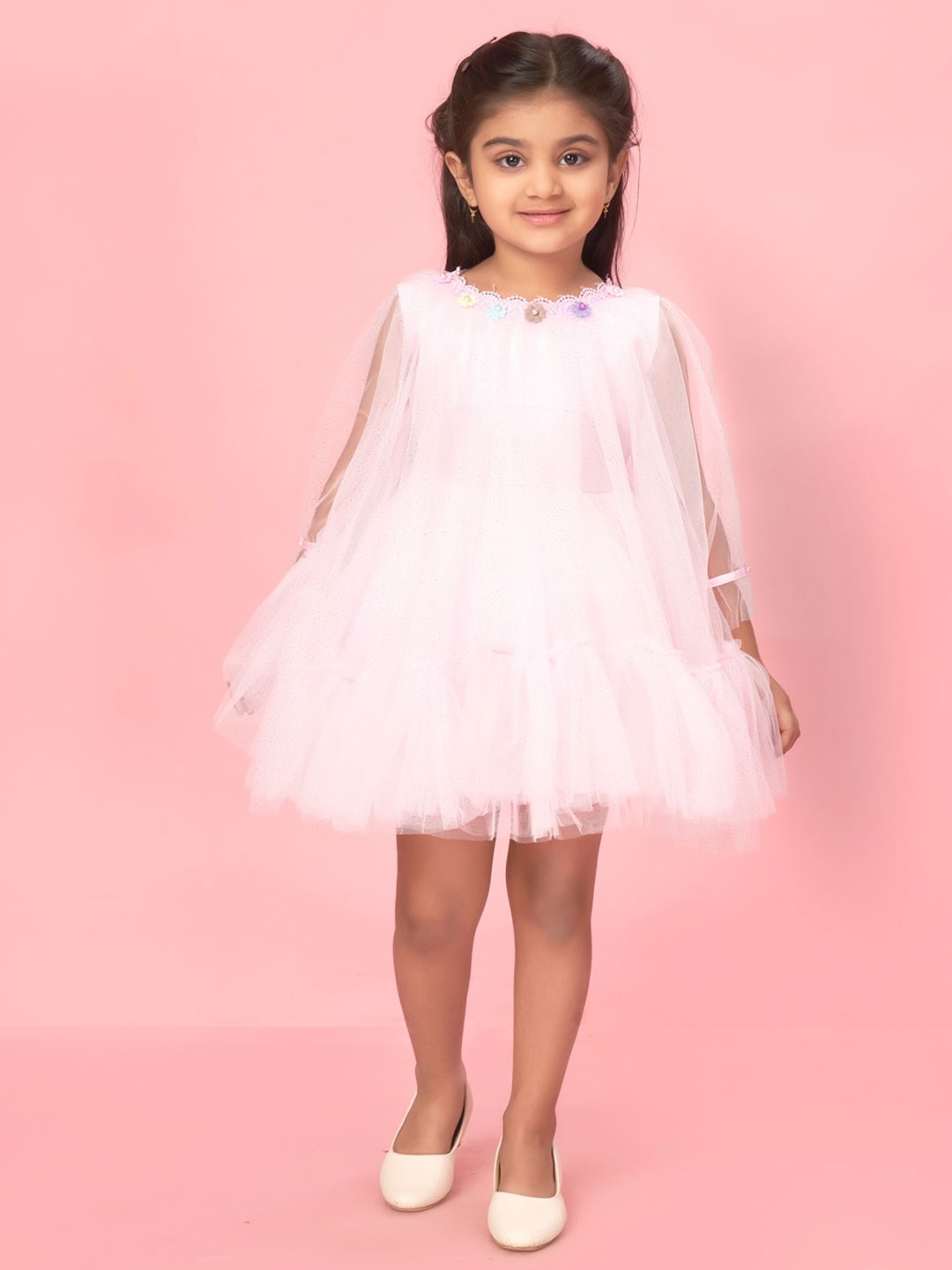 

Muhuratam Girls Ruffled Gathered Net Fit and Flare Dress, Pink