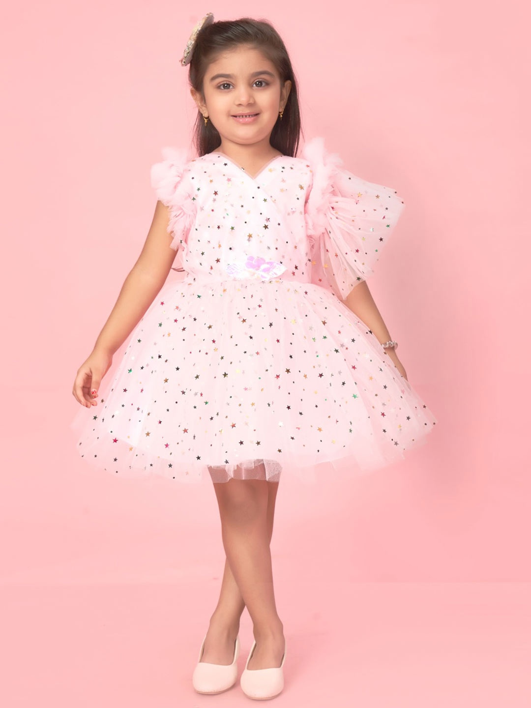 

Muhuratam Girls Embellished Ruffled Gathered Net Fit and Flare Dress, Pink