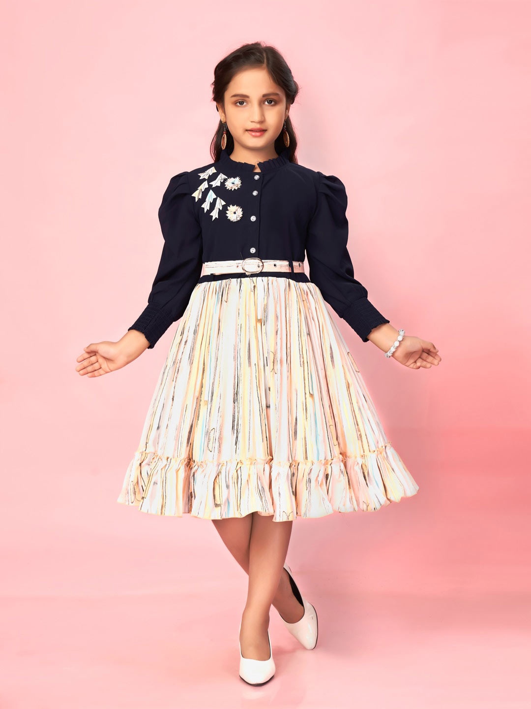 

Muhuratam Girls Striped Printed Georgette Fit & Flare Dress With Belt, Peach