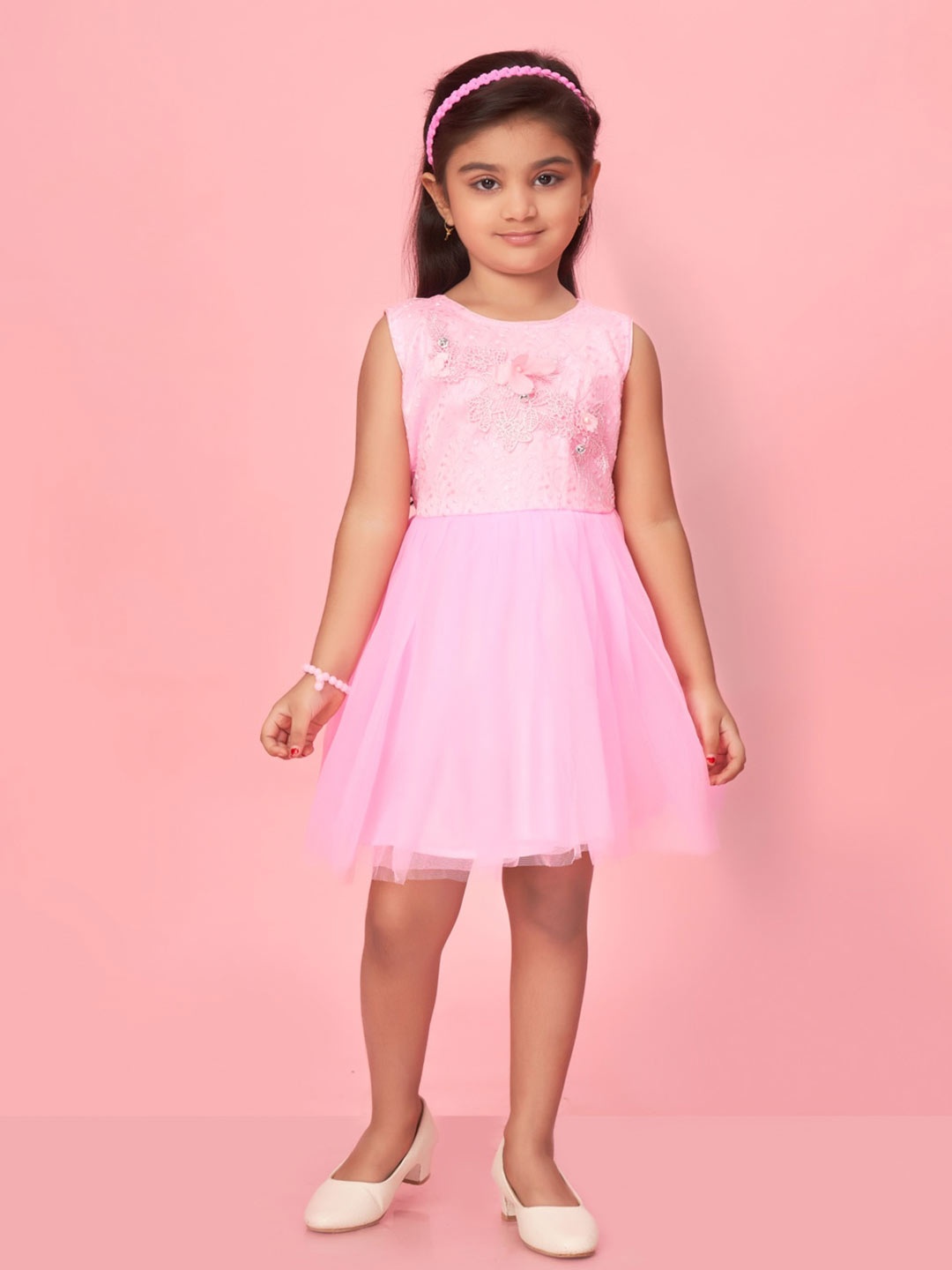 

Muhuratam Girls Floral Self Design Net Fit & Flare Dress, Pink