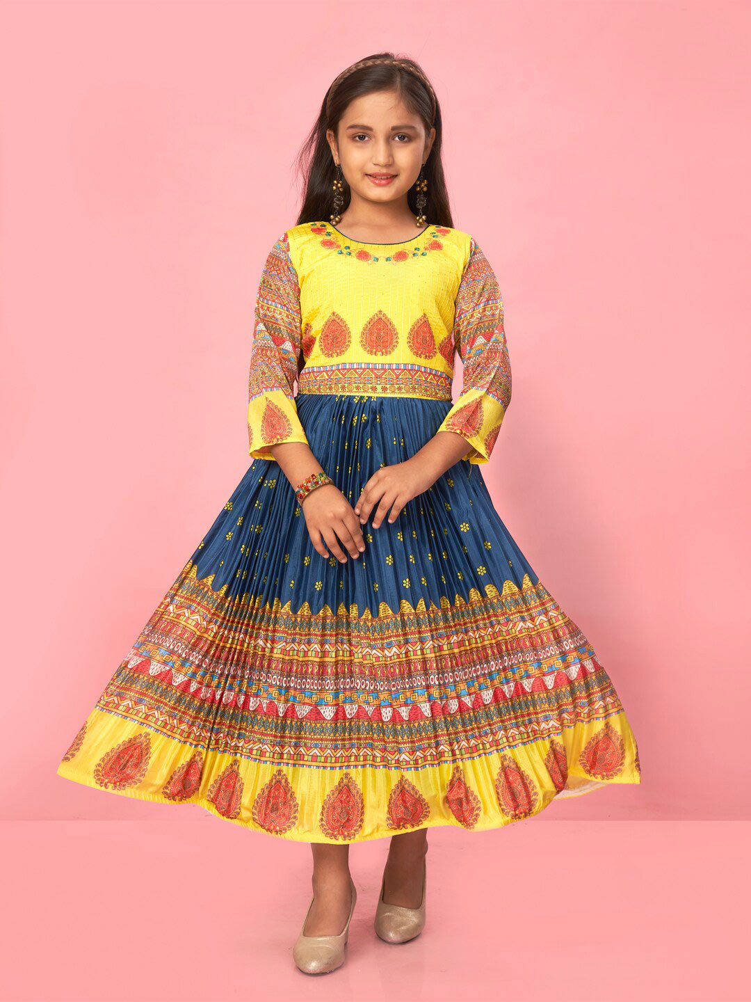 

Muhuratam Girls Ethnic Motifs Printed Fit And Flare Dress, Navy blue