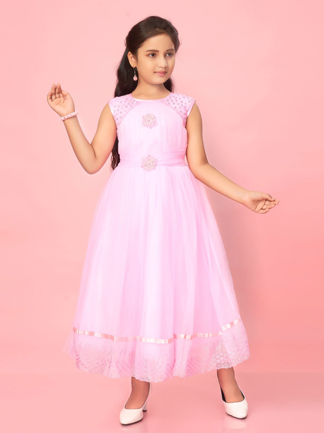 

Muhuratam Girls Net Fit & Flare Maxi Dress, Pink