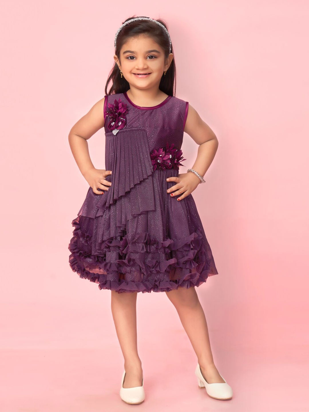 

Muhuratam Girls Round Neck Ruffles Net A-Line Dress, Purple