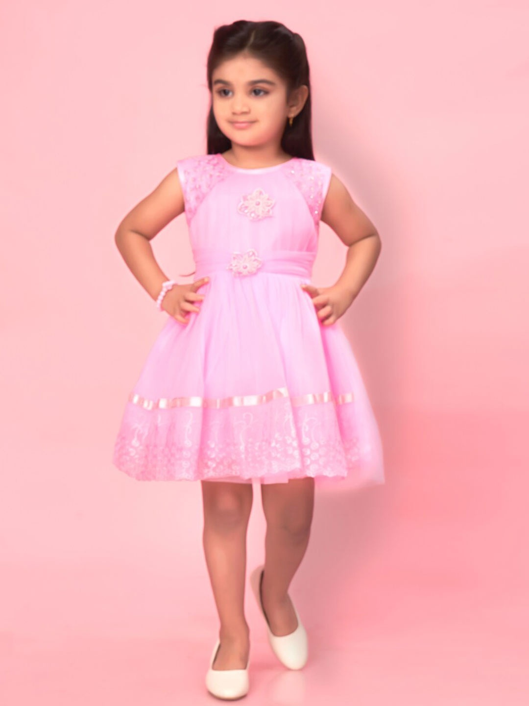 

Muhuratam Girls Floral Self Design Net Fit & Flare Dress, Pink