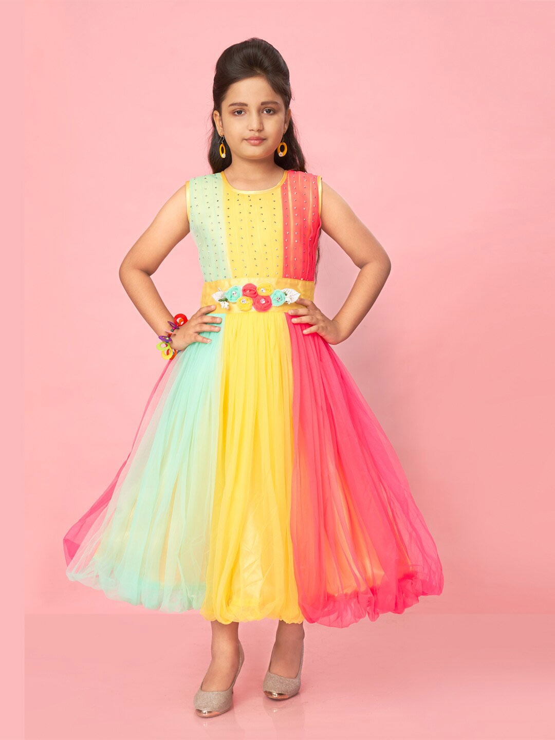 

Muhuratam Girls Colourblocked Net Maxi Dress, Yellow