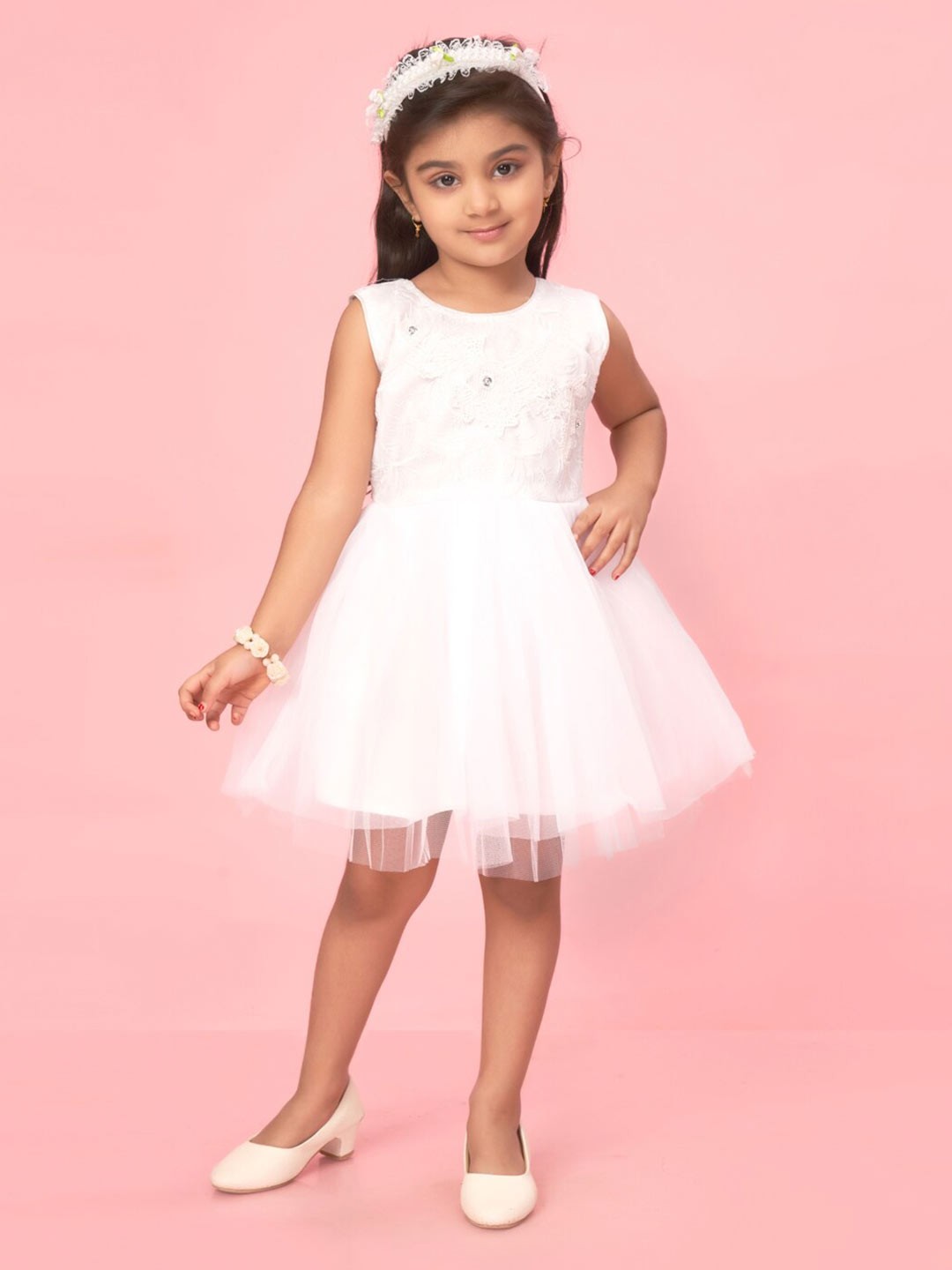 

Muhuratam Girls Net Fit & Flare Dress, White