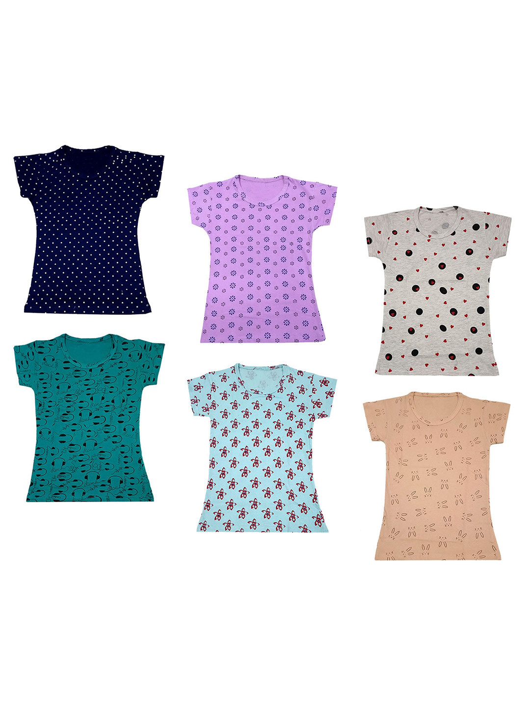 

IndiWeaves Girls Pack Of 6 Printed Pure Cotton T-shirts, Navy blue
