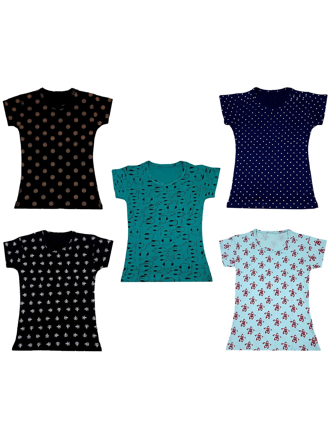 

IndiWeaves Girls Pack Of 5 Printed Pure Cotton T-shirts, Blue