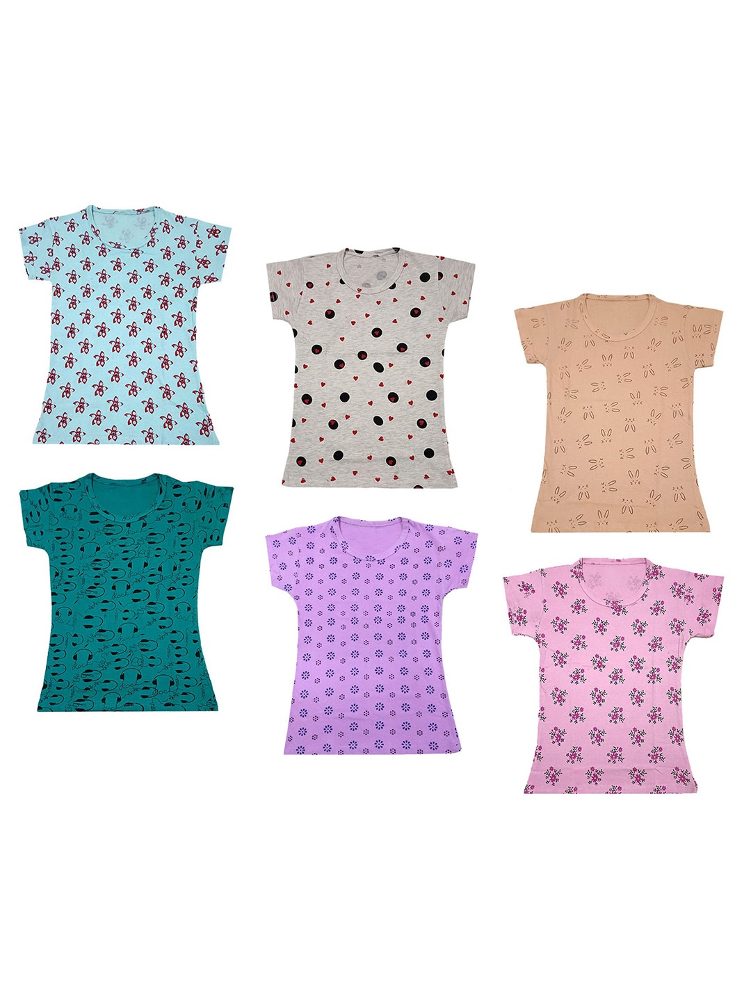 

IndiWeaves Girls Pack Of 6 Conversational Printed Pure Cotton T-shirts, Blue
