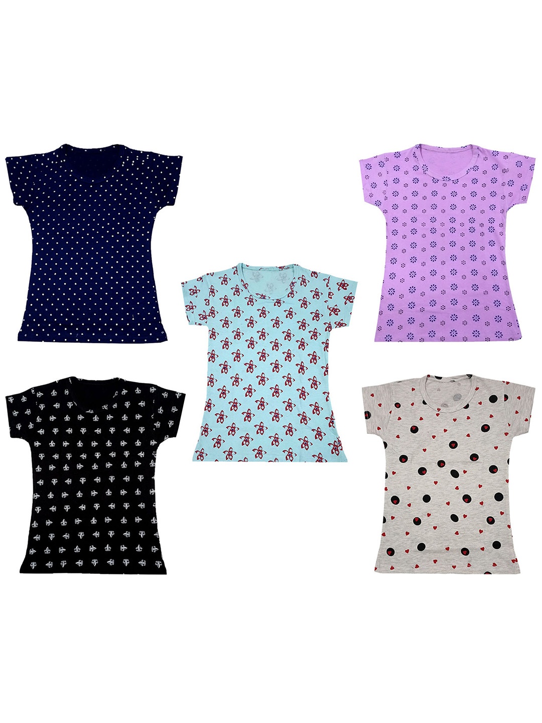

IndiWeaves Girls Pack Of 5 Conversational Printed Pure Cotton T-shirts, Navy blue