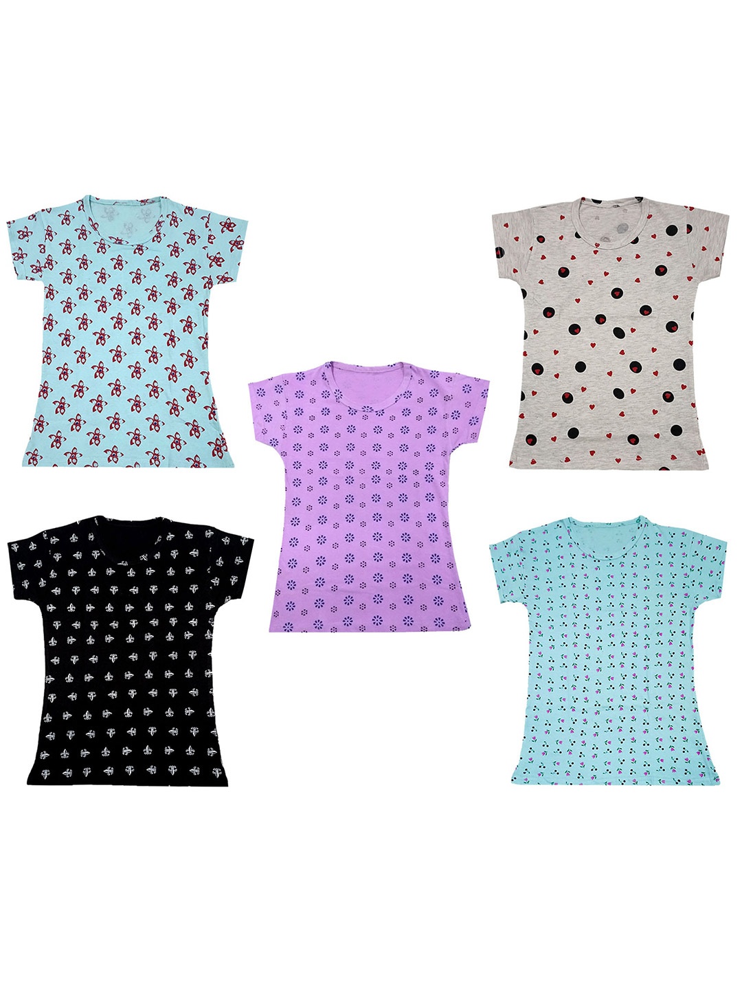 

IndiWeaves Girls Pack of 5 Printed Pure Cotton T-shirts, Blue