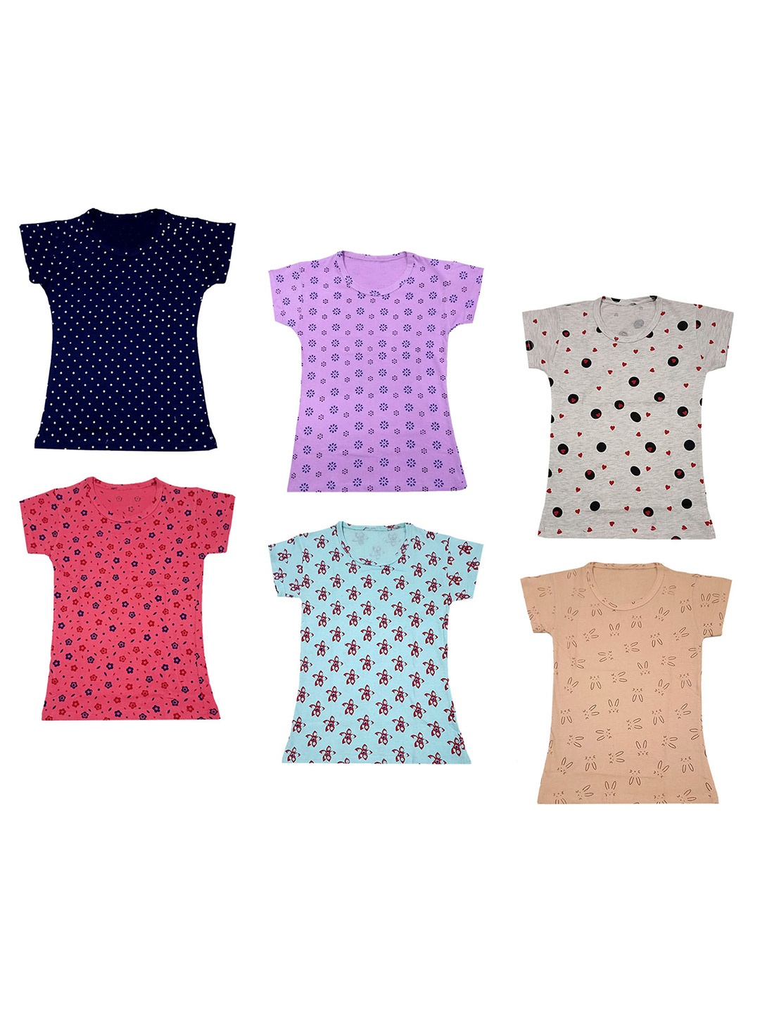

IndiWeaves Girls Pack of 6 Printed Pure Cotton T-shirts, Navy blue