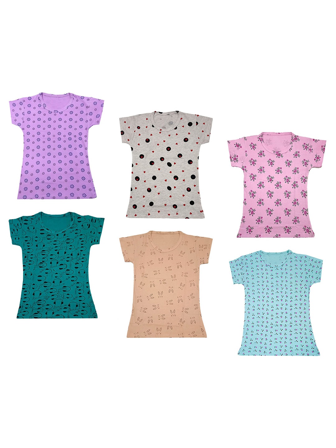 

IndiWeaves Girls Pack of 6 Printed Pure Cotton T-shirts, Pink