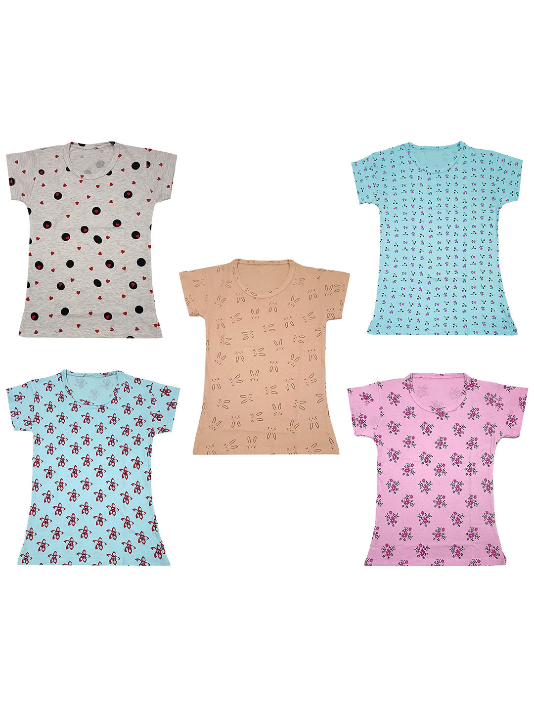 

IndiWeaves Girls Pack Of 5 Floral Printed Pure Cotton T-shirt, Pink