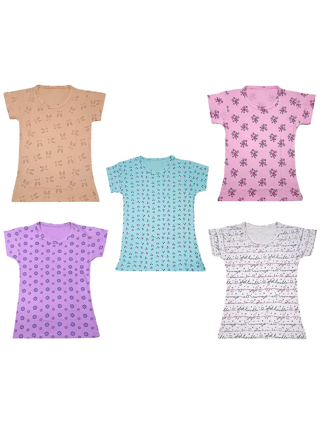 

IndiWeaves Girls Pack Of 5 Floral Printed Pure Cotton T-shirt, Pink