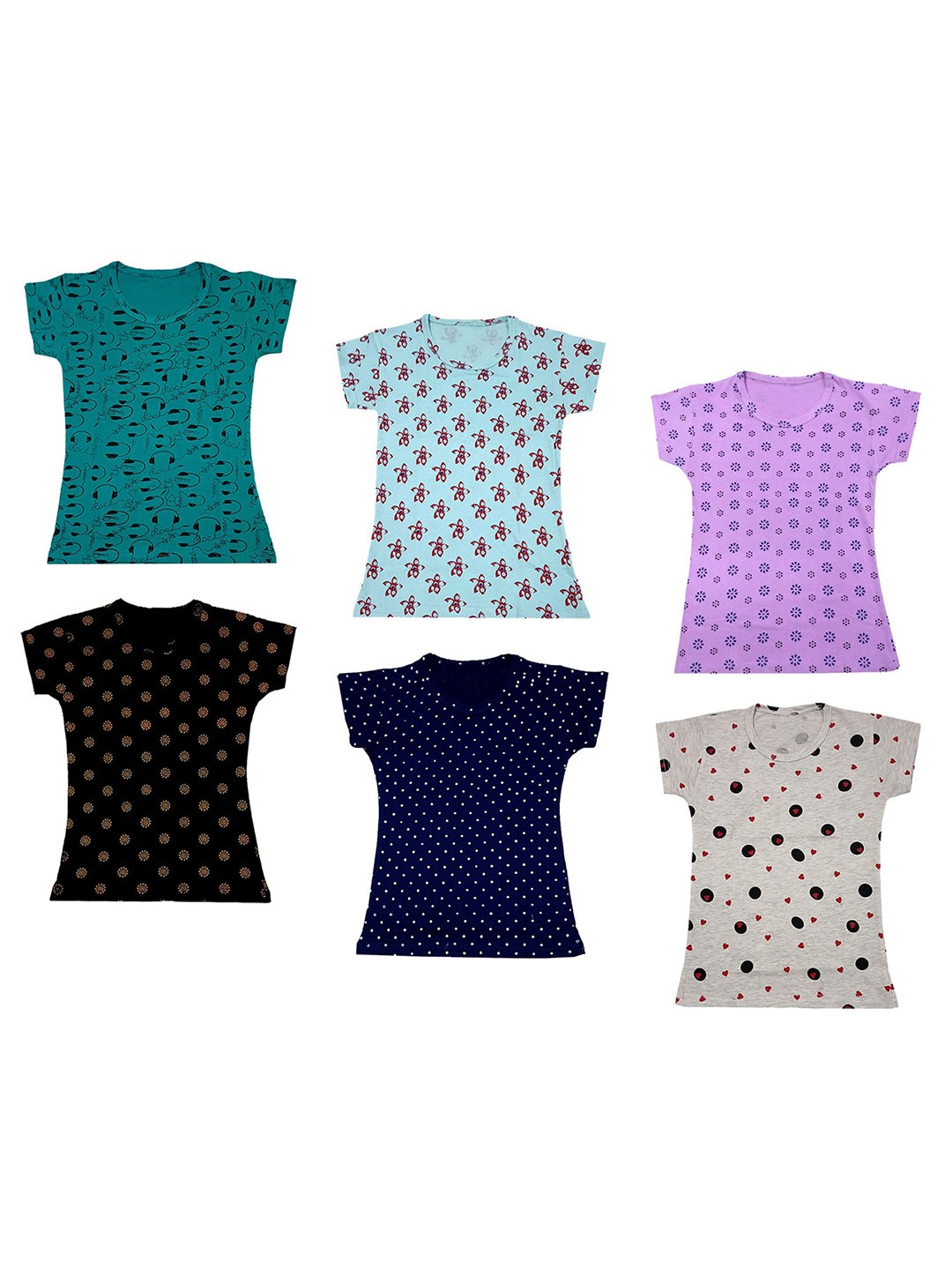 

IndiWeaves Girls Pack Of 6 Floral Printed Pure Cotton T-shirt, Black
