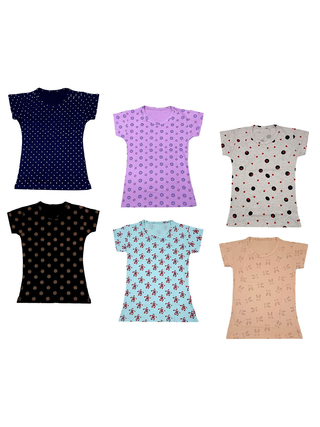 

IndiWeaves Girls Pack Of 6 Floral Printed Pure Cotton T-shirt, Peach