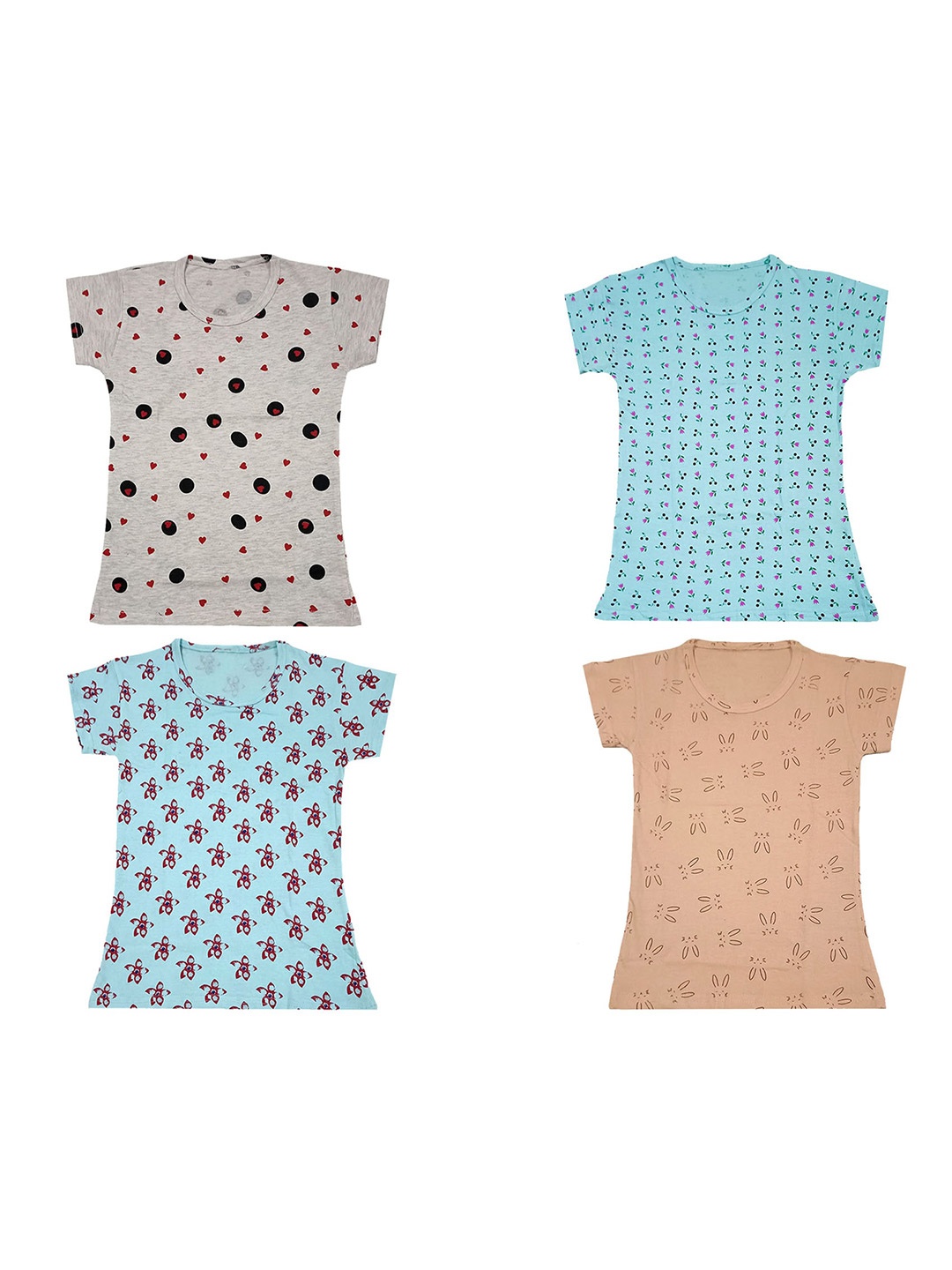 

IndiWeaves Girls Pack of 4 Printed Pure Cotton T-shirts, Blue