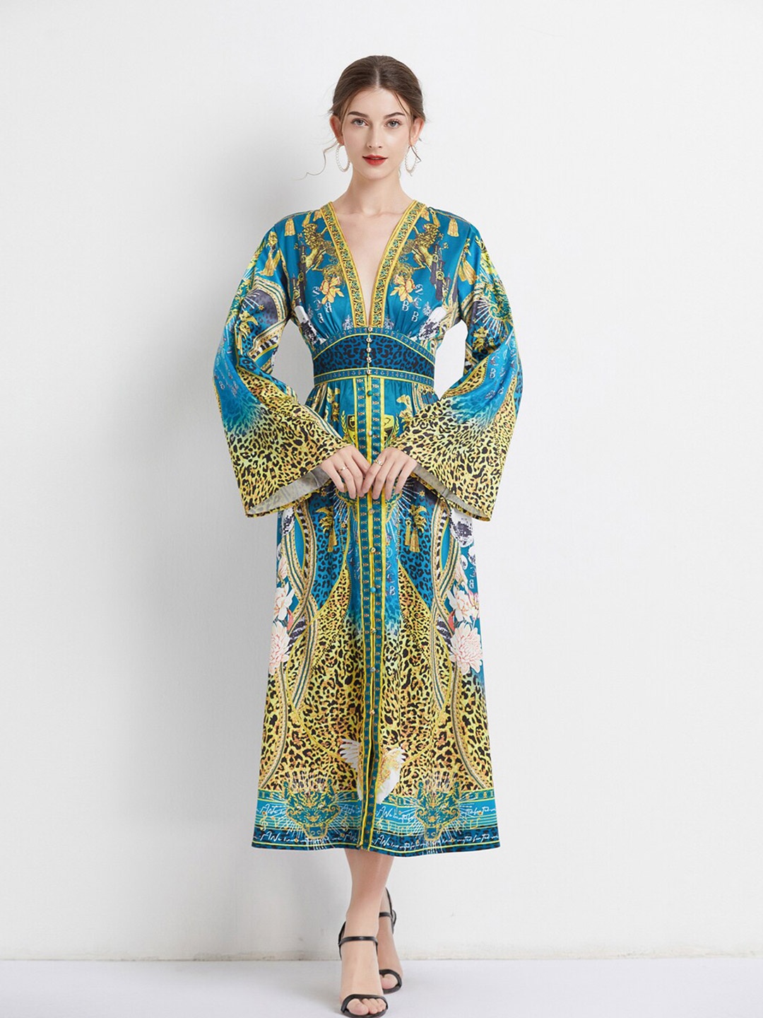 

JC Collection Floral Printed Flared Sleeve Fit & Flare Midi Dress, Blue