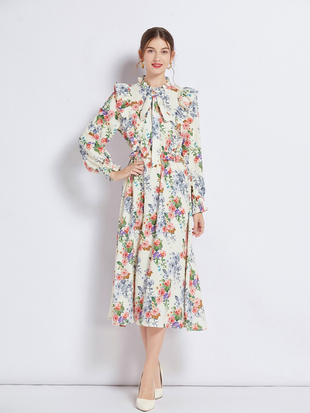 

JC Collection Floral Printed Tie-Up Neck Fit & Flare Midi Dress, Cream