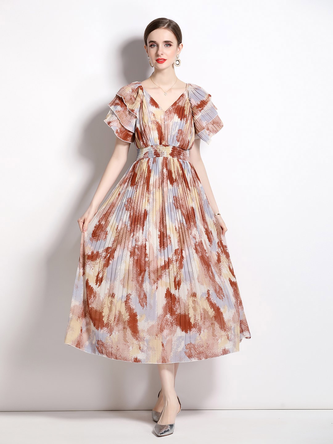 

JC Collection Printed Smocked Flared Sleeve Maxi Dress, Coffee brown