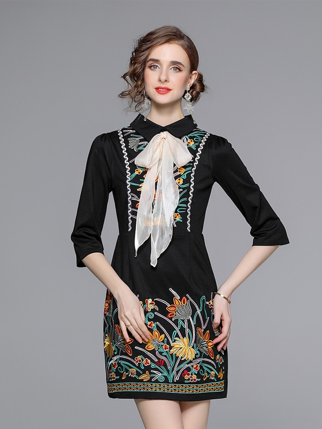 

JC Collection Floral Embroidered A-Line Mini Dress, Black