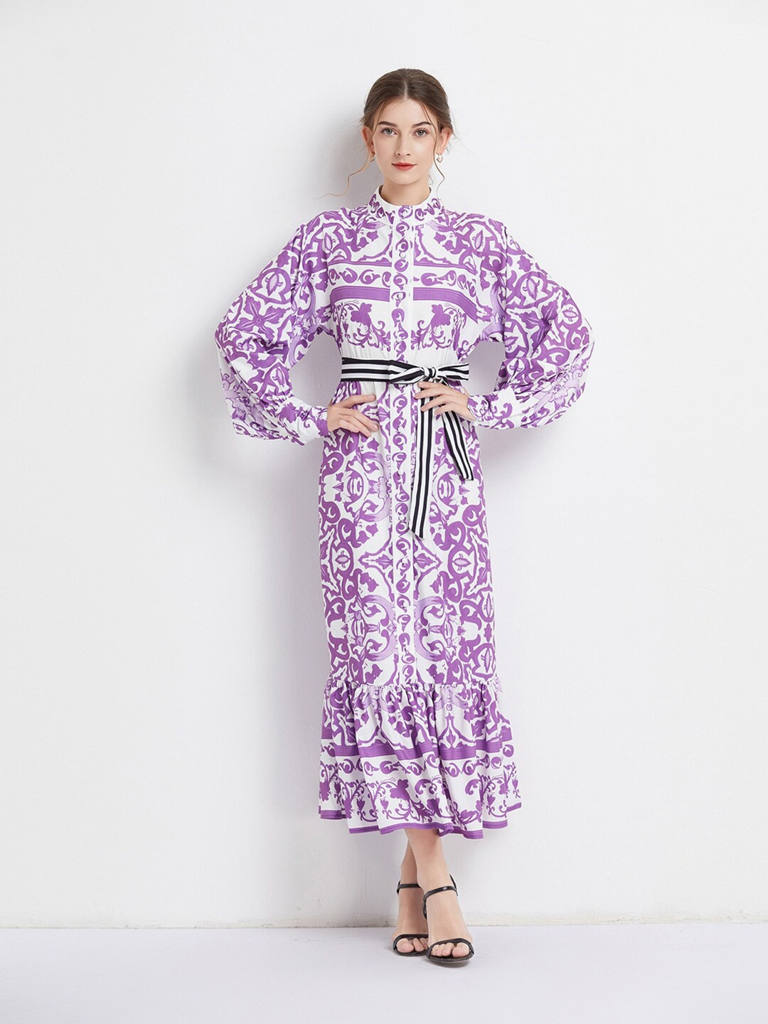 

JC Collection Ethnic Motifs Printed Cuffed Sleeves Tie-Ups Maxi Dress, Purple