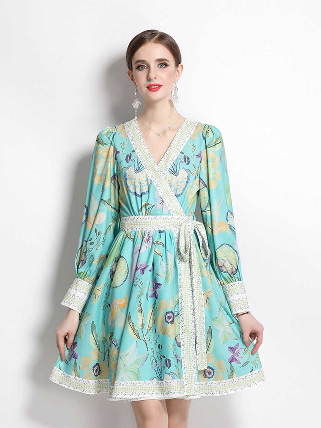 

JC Collection Floral Printed Cuffed Sleeves Tie-Ups Fit & Flare Dress, Green