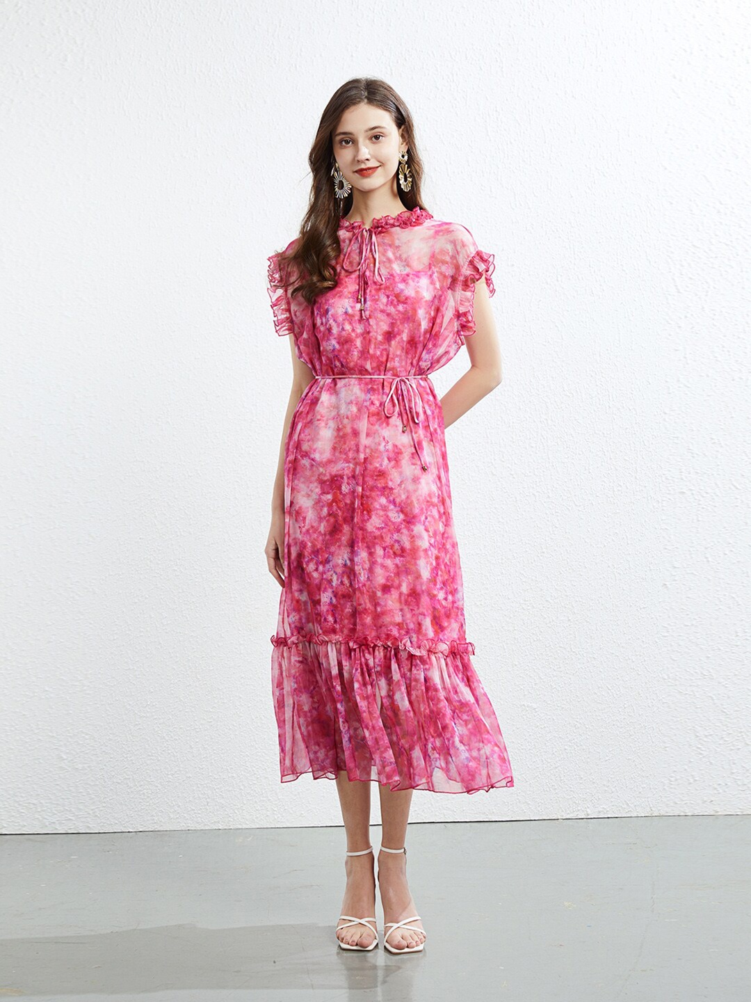 

JC Collection Red Floral Printed Ruffled Fit & Flare Midi Dress, Pink