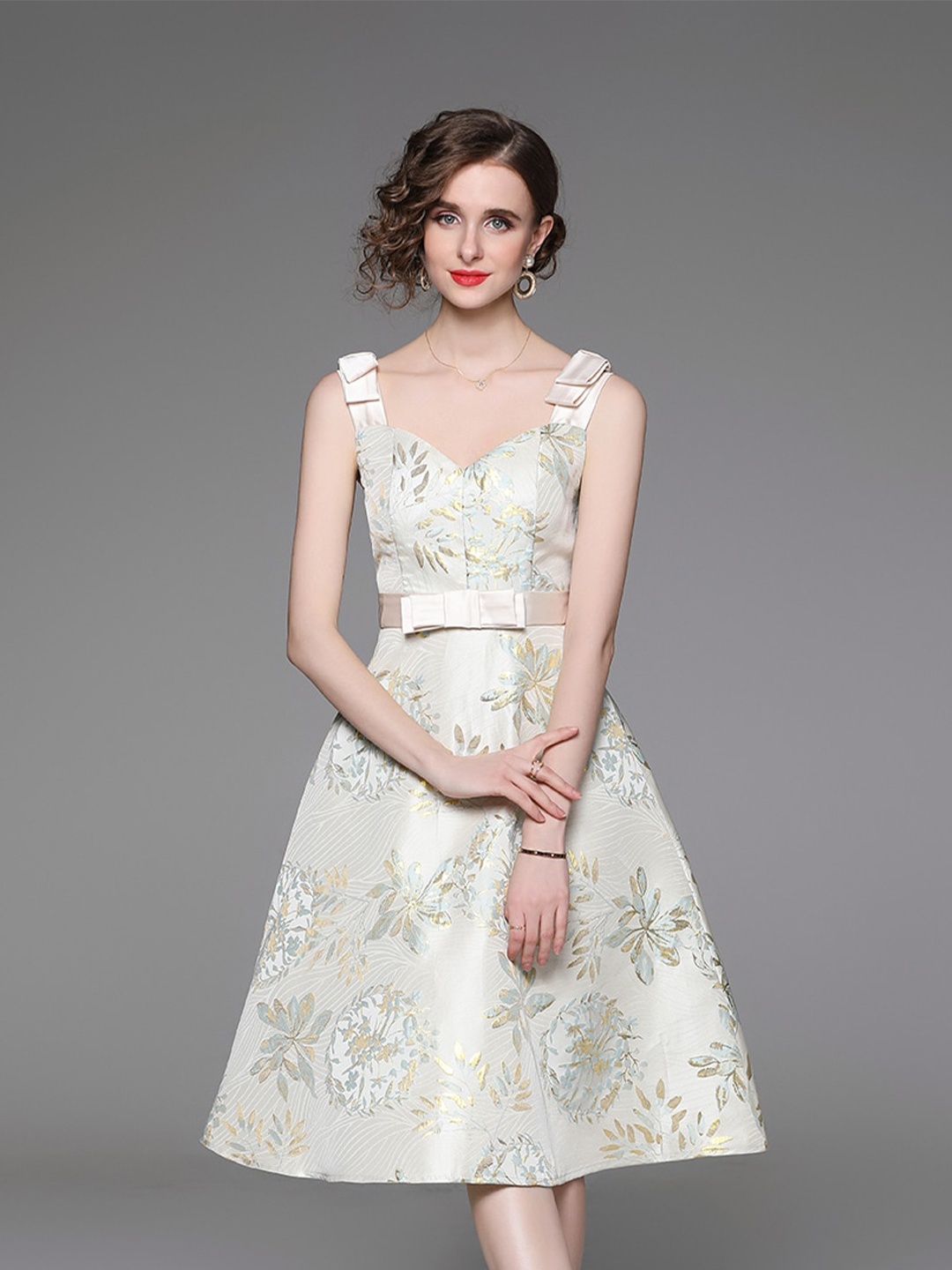 

JC Collection Floral Printed Fit & Flare Midi Dress, Cream