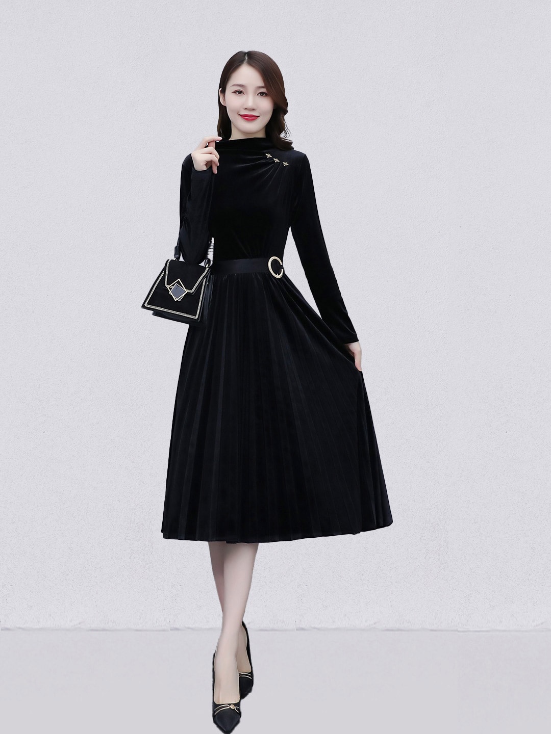 

JC Collection Round Neck Fit & Flare Midi Dress, Black