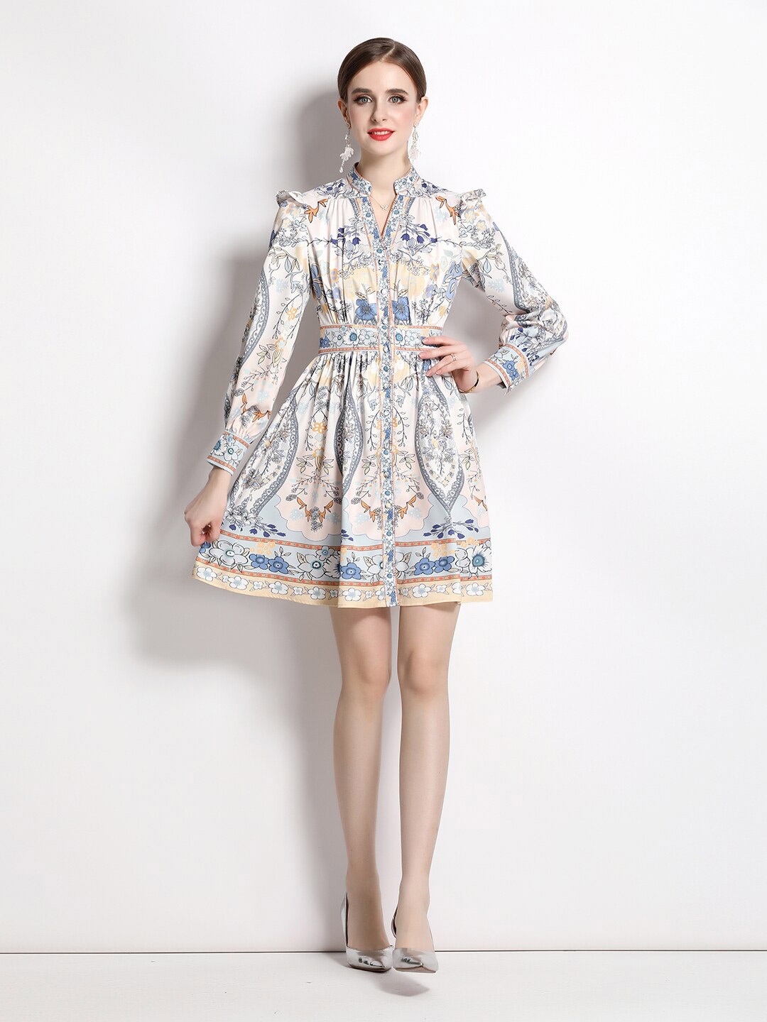 

JC Collection Ethnic Motifs Printed Cuffed Sleeves Gathred Or Pleated Fit & Flare Dress, White