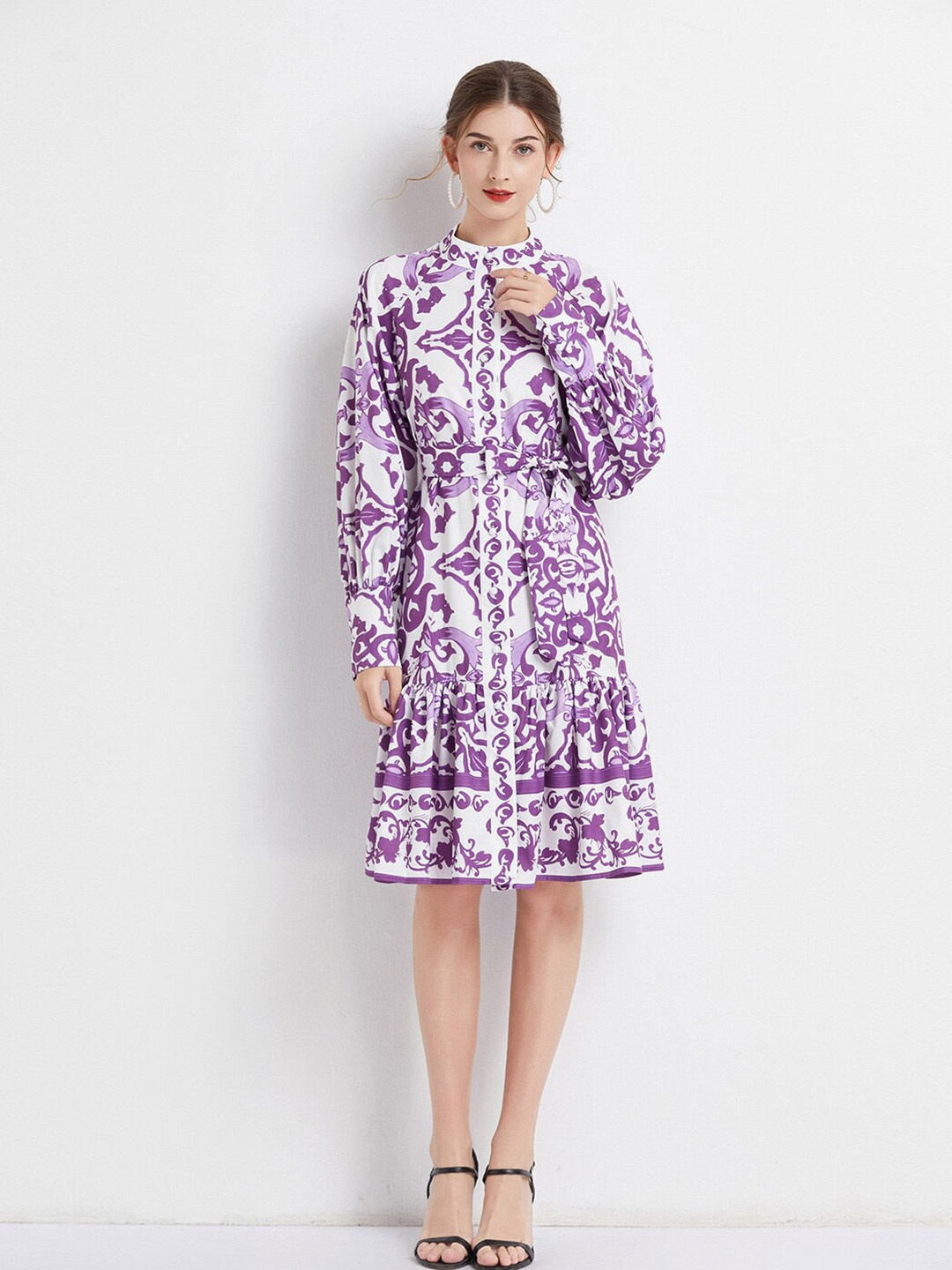 

JC Collection Ethnic Motifs Print Mandarin Collar Shirt Dress, Purple