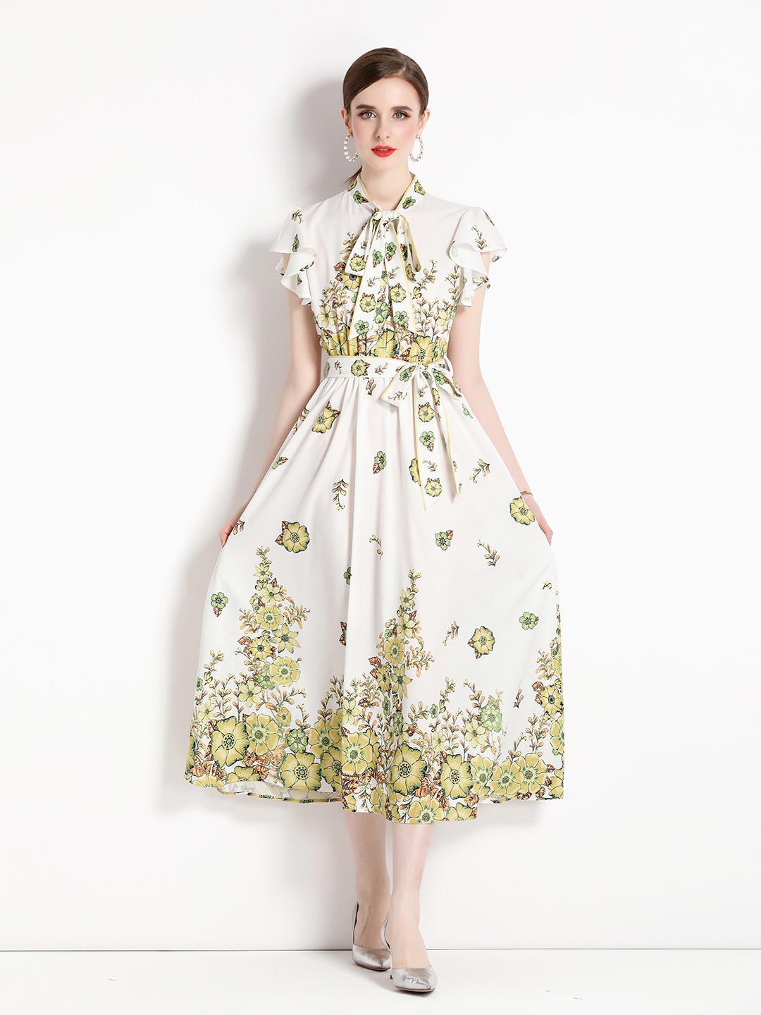 

JC Collection Floral Printed Flutter Sleeves Fit & Flare Midi Dress, White