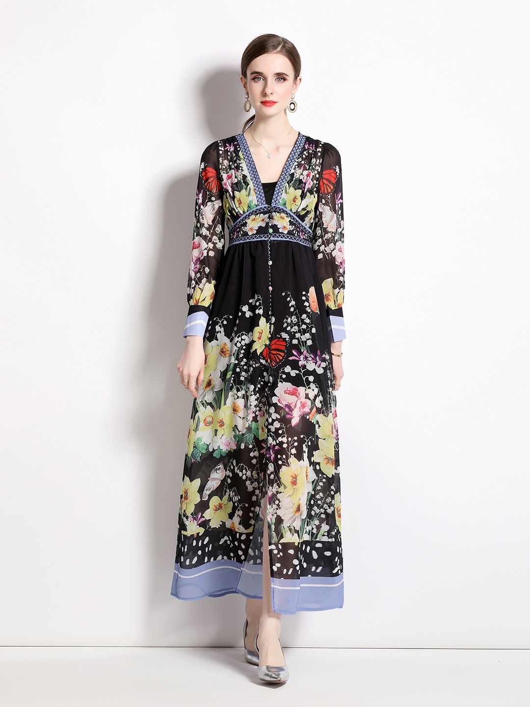 

JC Collection V-Neck Cuffed Sleeves Floral Printed Maxi Dress, Black
