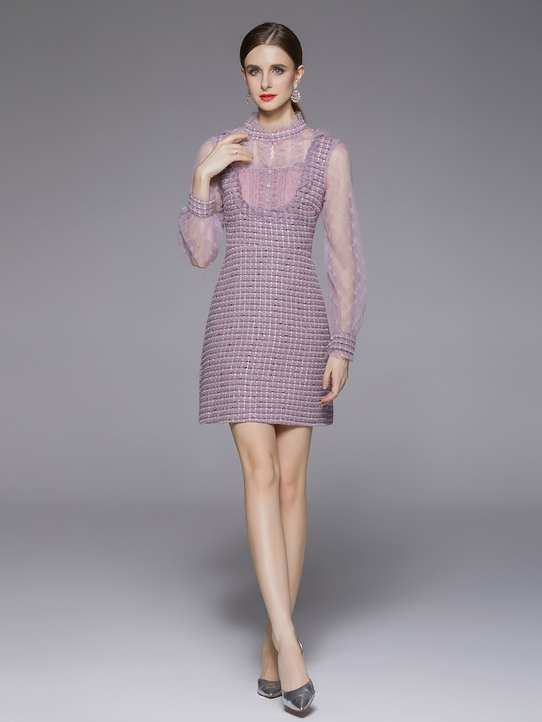 

JC Collection High Neck Checked Sheath Mini Dress, Purple