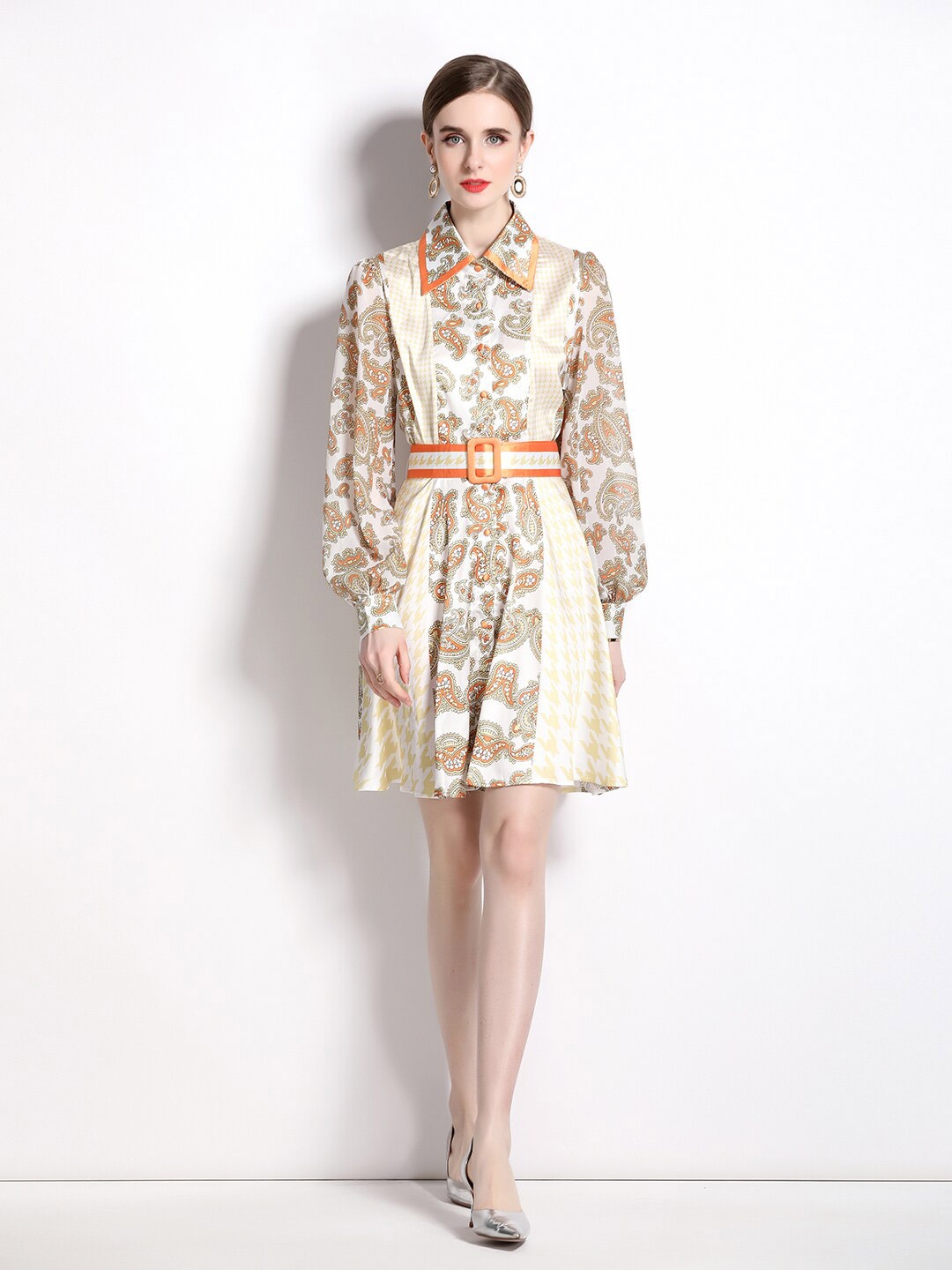 

JC Collection Ethnic Motifs Printed Shirt Dress With Belt, Yellow