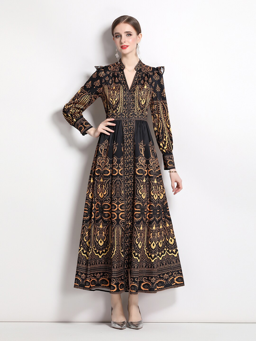 

JC Collection Ethnic Motifs Printed A-line Maxi Dress, Gold