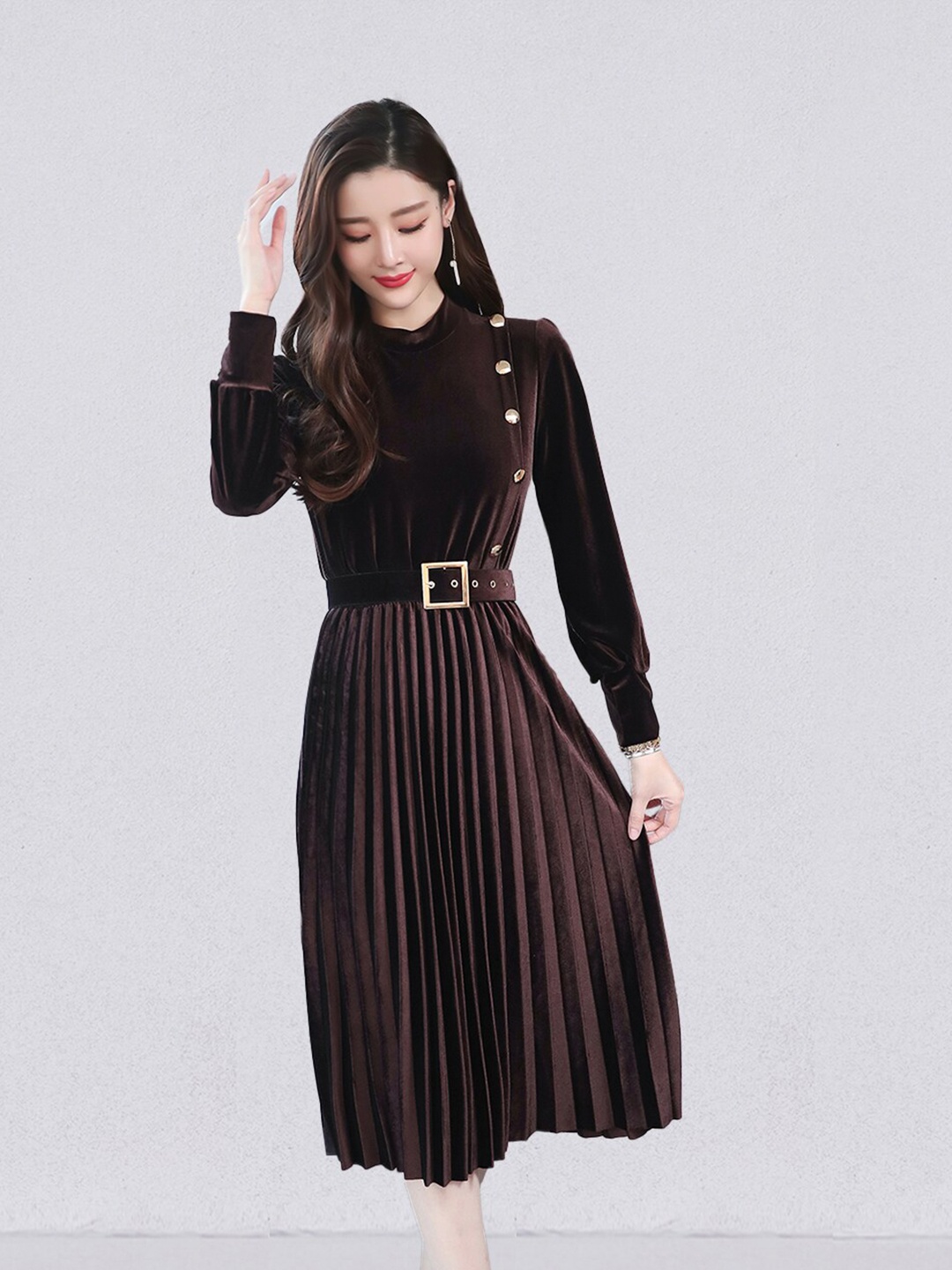 

JC Collection Round Neck Fit & Flare Midi Dress, Coffee brown