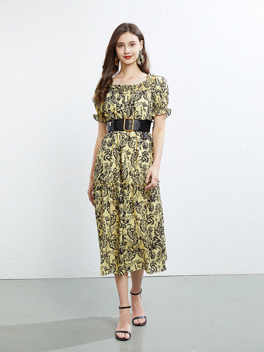 

JC Collection Floral Printed Puff Sleeves Belted Fit & Flare Midi Dress, Yellow