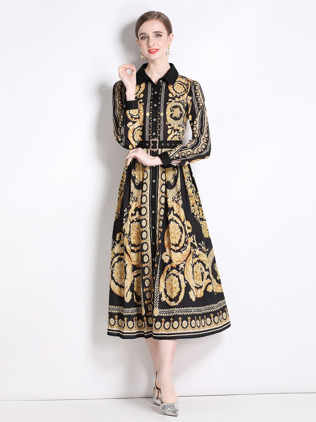 

JC Collection Ethnic Motifs Printed Shirt Midi Dress With Belt, Black