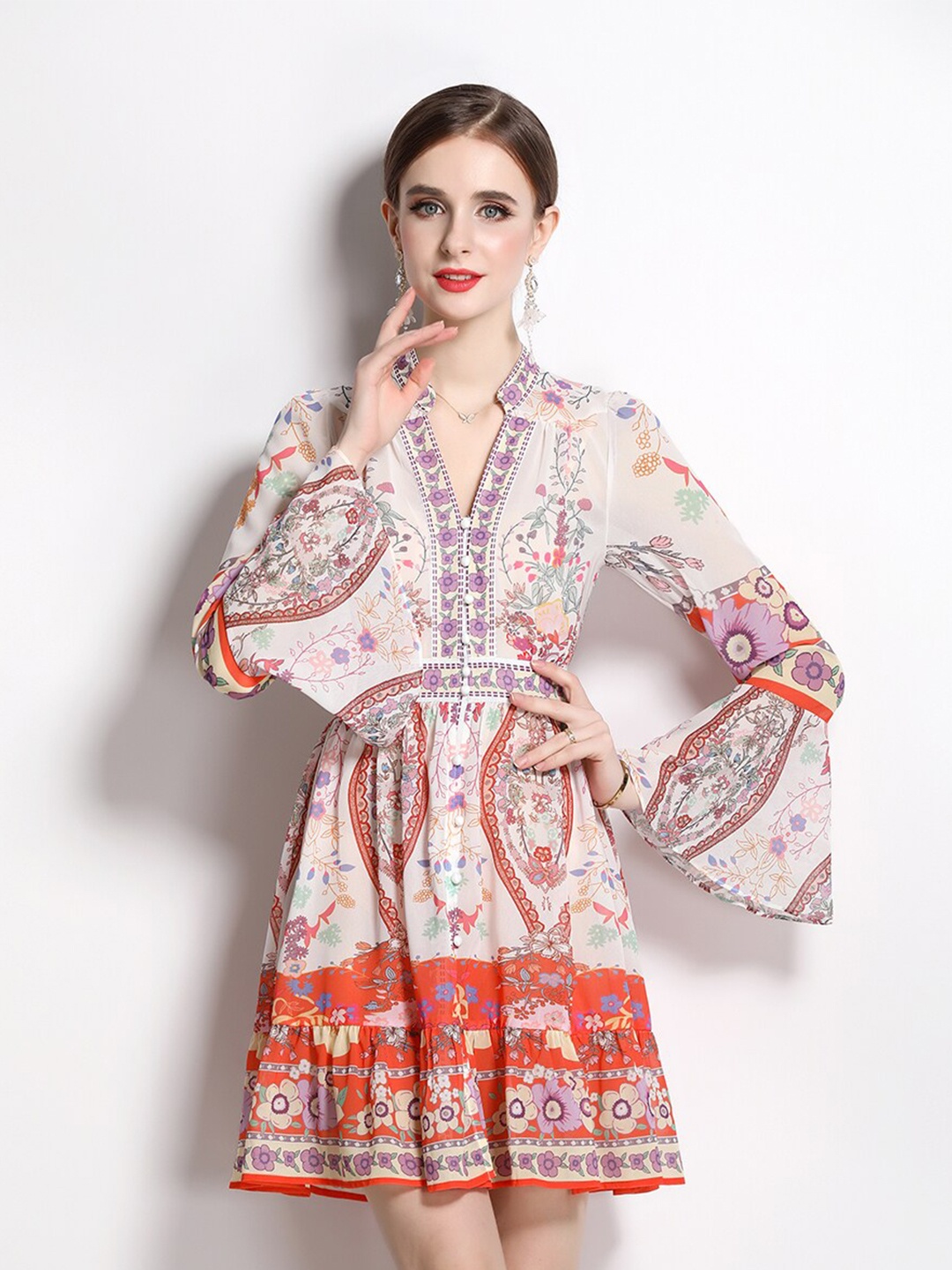 

JC Collection Ethnic Motifs Printed Bell Sleeves Fit & Flare Dress, White