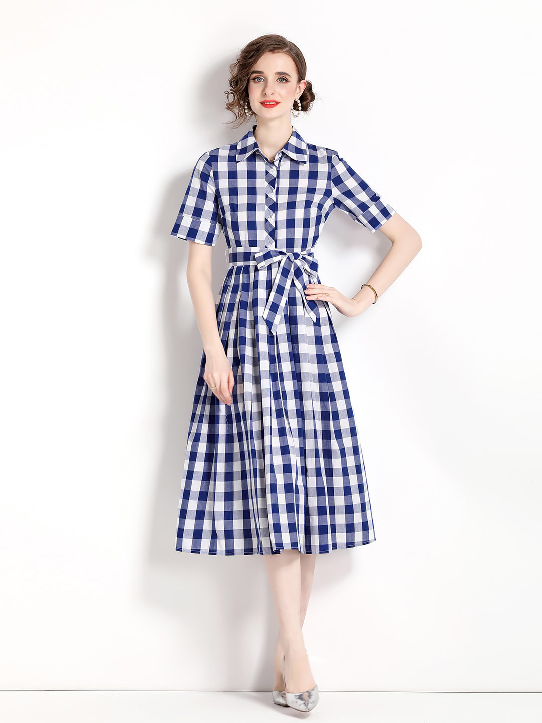

JC Collection Shirt Collar Checked Shirt Midi Dress, Multi